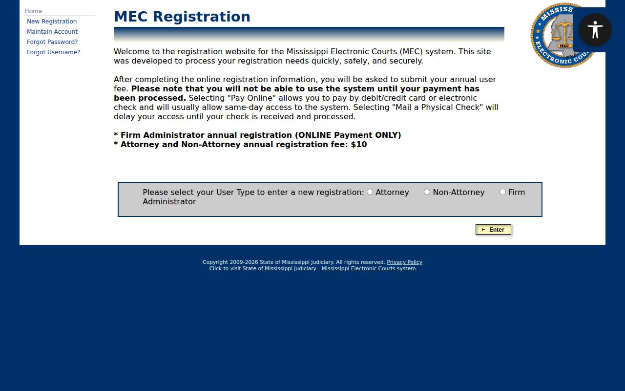 Bolivar County case lookup PAMEC registration account options