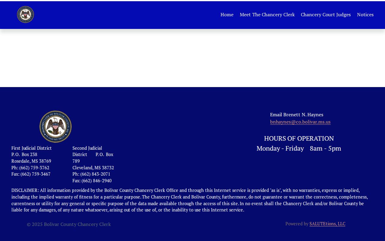 Bolivar County civil docket Chancery Clerk office information
