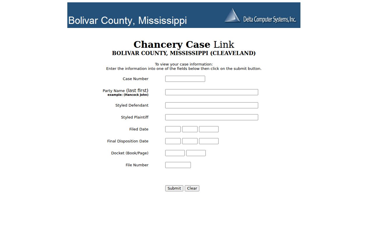 Bolivar County civil docket Cleveland divorce and estate search fields