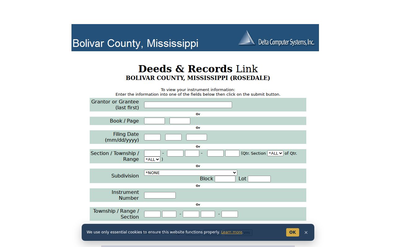 Bolivar County civil docket Rosedale land index search controls