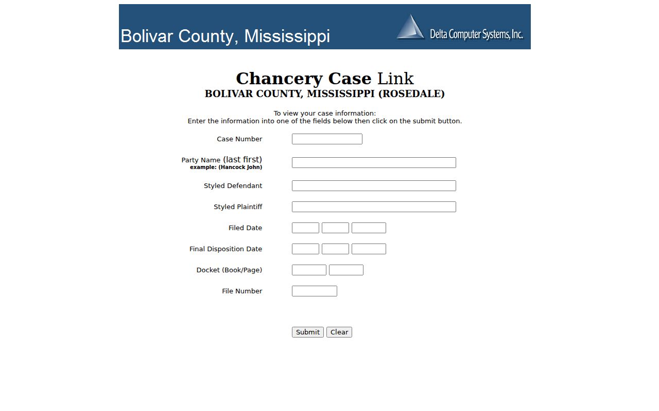 Bolivar County civil docket Rosedale divorce and estate search fields